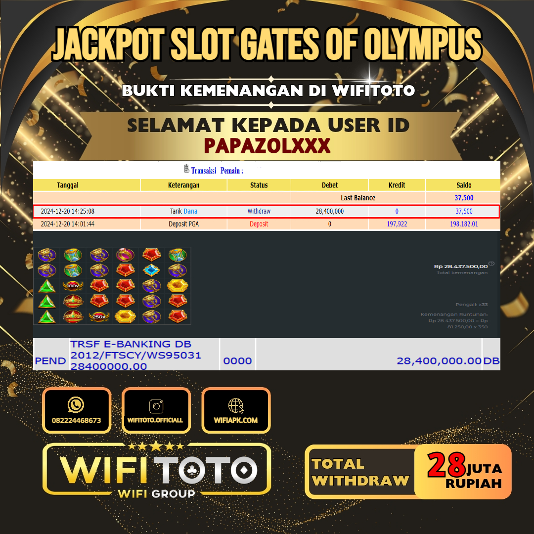 WIFITOTO JACKPOT SLOT GATES OF OLYMPUS RP.28.000.000,- LUNAS USER ID : PAPAZOL****