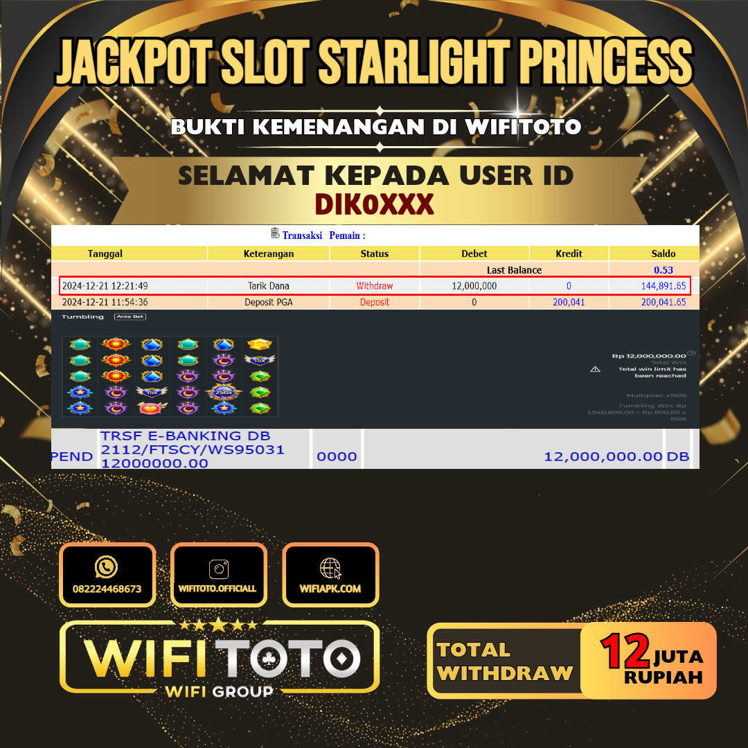 WIFITOTO JACKPOT SLOT STARLIGHT PRINCESS RP.12.000.000,- LUNAS USER ID : DIK0****