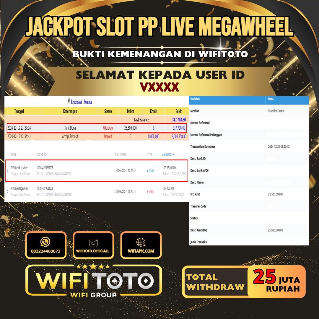 WIFITOTO JACKPOT SLOT PP LIVE MEGAWHEEL RP.25.000.000,- LUNAS USER ID : VX****