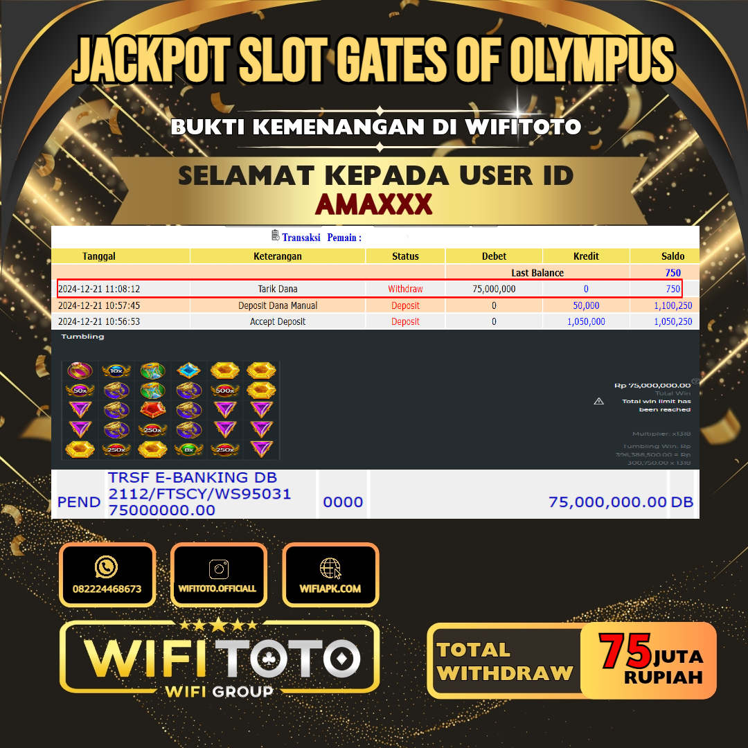 WIFITOTO JACKPOT SLOT GATES OF OLYMPUS RP.75.000.000,- LUNAS USER ID : AMA****