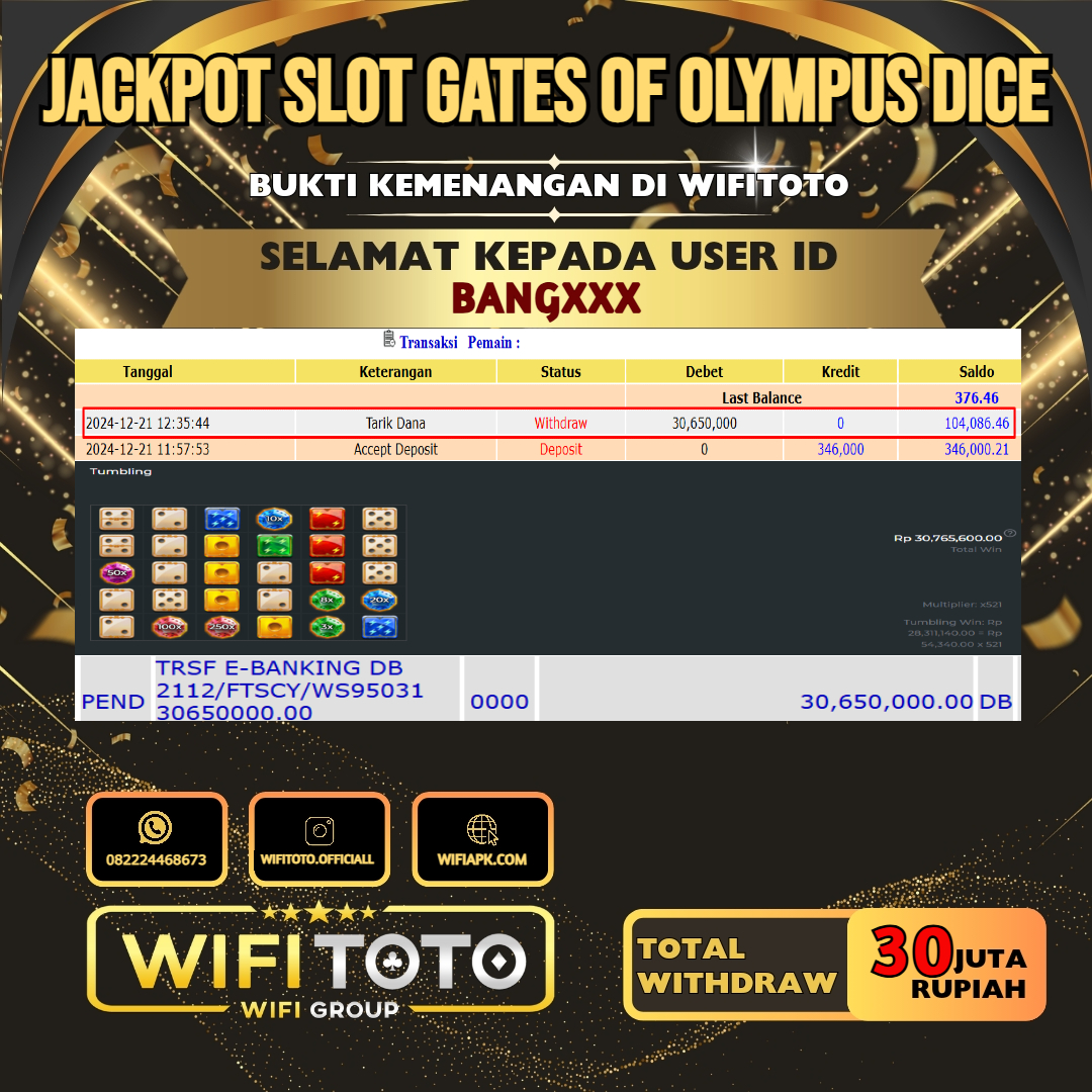 WIFITOTO JACKPOT SLOT GATES OF OLYMPUS DICE RP.30.000.000,- LUNAS USER ID : BANG****