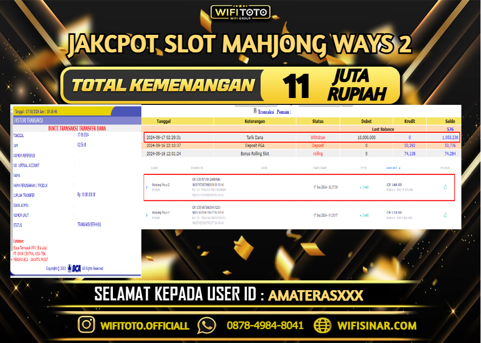 WIFITOTO JACKPOT  SLOT MAHJONG WAYS 2  RP 11.000.000, -LUNAS 