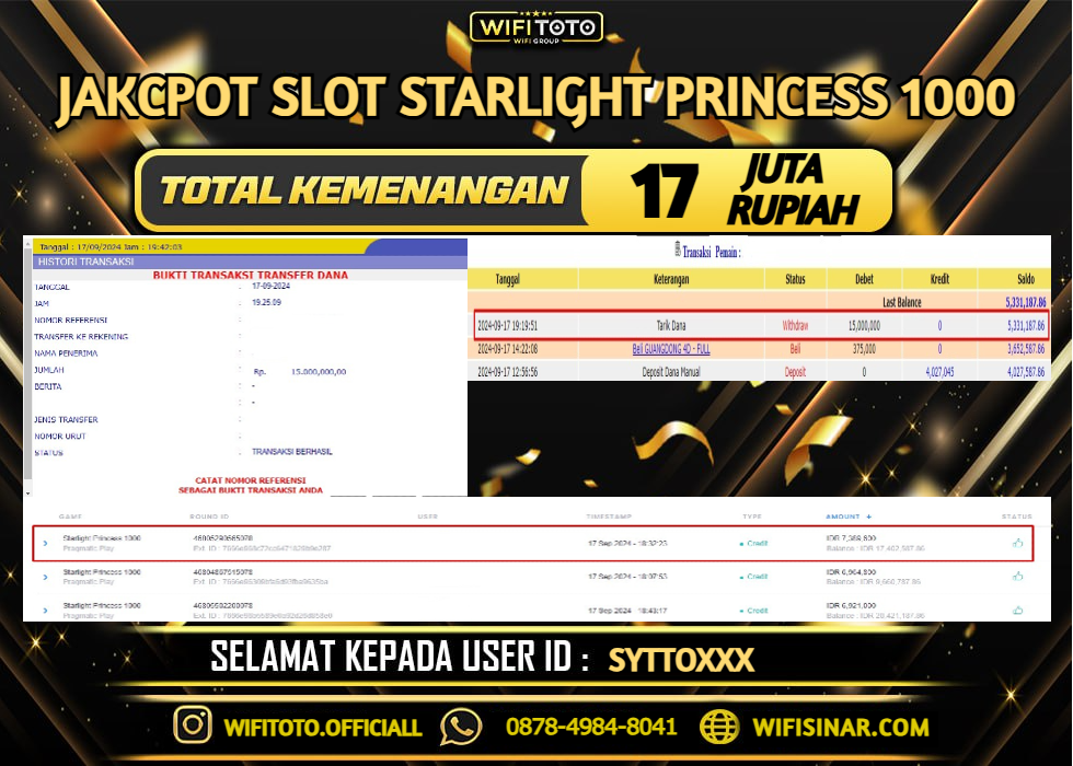 WIFITOTO JACKPOT  SLOT STARLIGHT PRINCESS 1000 RP 17.000.000, - LUNAS ID SYTTO***