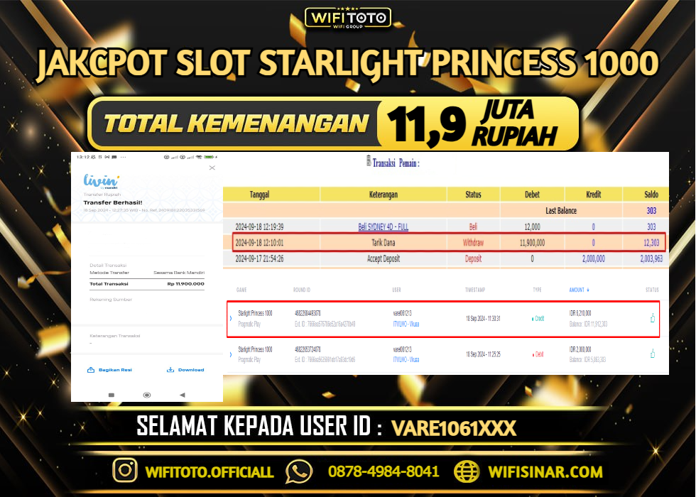 WIFITOTO JACKPOT SLOT STARLIGHT PRINCESS 1000  RP 11.900.000,. -LUNAS 