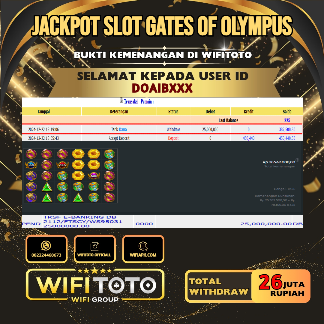 WIFITOTO JACKPOT SLOT GATES OF OLYMPUS RP.26.000.000,- LUNAS USER ID : DOAIB****