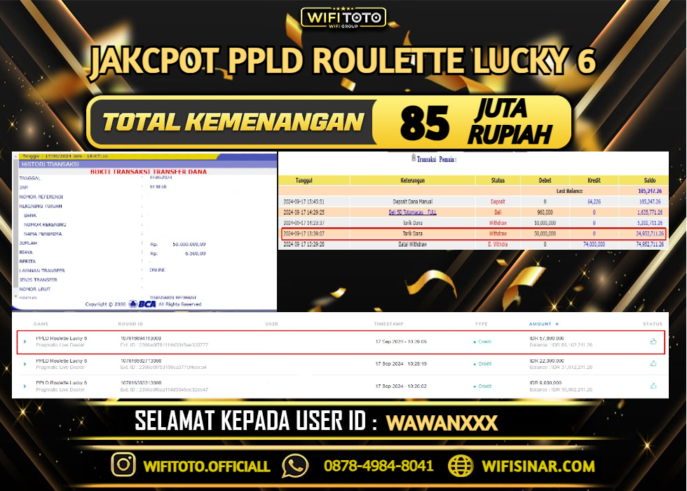 WIFITOTO JACKPOT PPLD ROULETTE LUCKY 6 RP 85.000.000, - LUNAS 