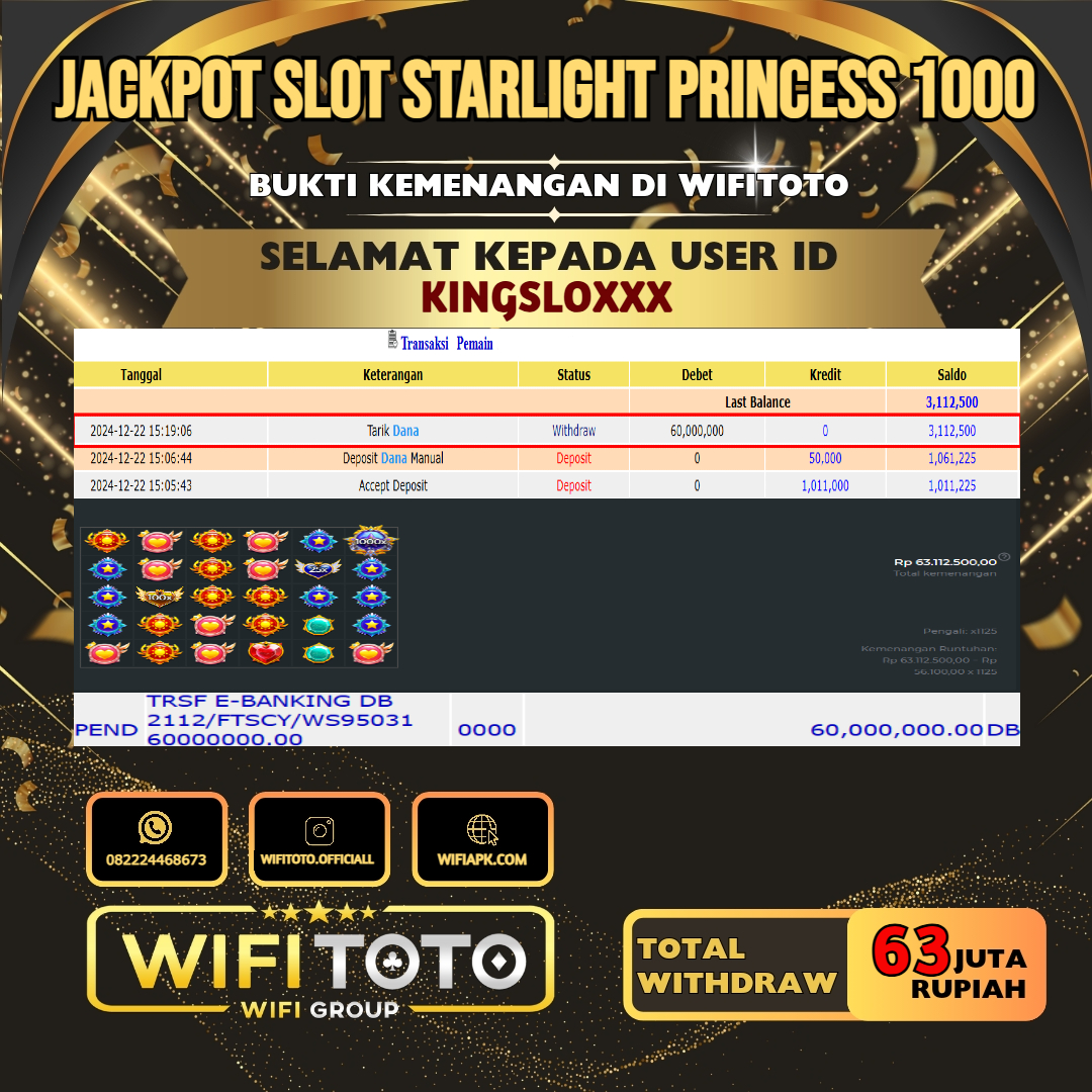 WIFITOTO JACKPOT SLOT STARLIGHT PRINCESS 1000 RP.63.000.000,- LUNAS USER ID : KINGSLO****