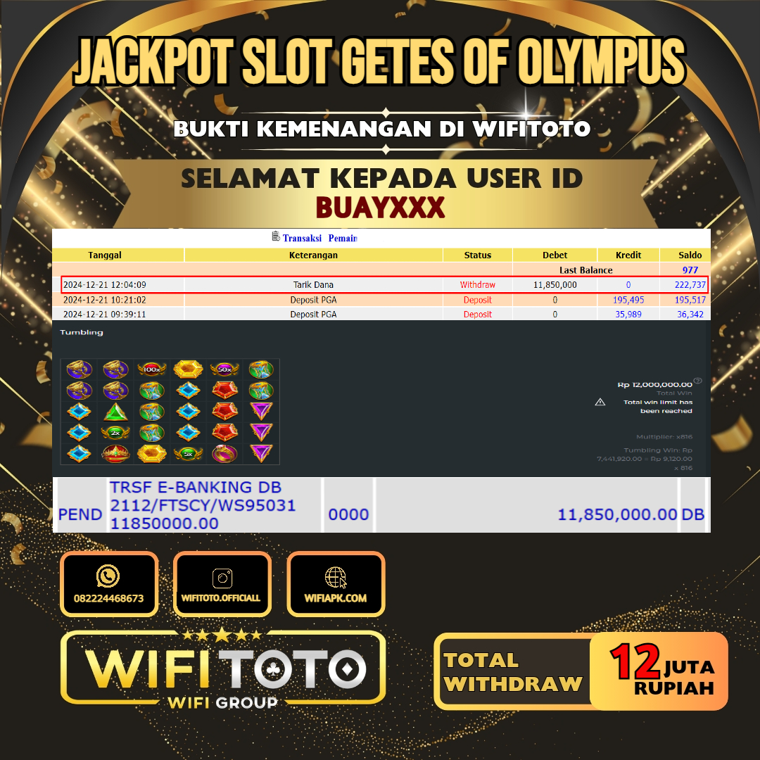 WIFITOTO JACKPOT SLOT GATES OF OLYMPUS RP.12.000.000,- LUNAS USER ID : BUAY****