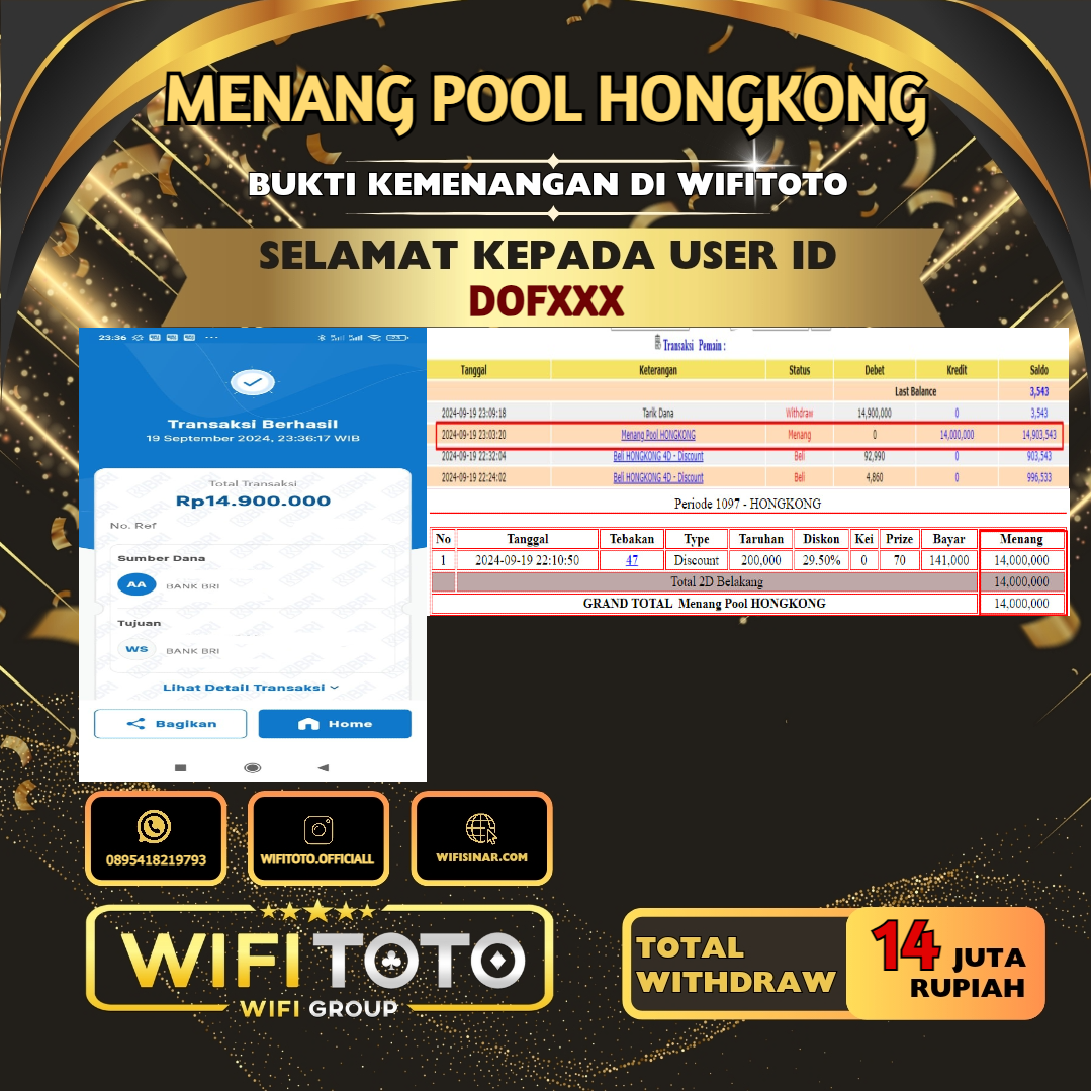 WIFITOTO JACKPOT TOGEL PASARAN HONGKONG RP 14.000.000, -LUNAS 