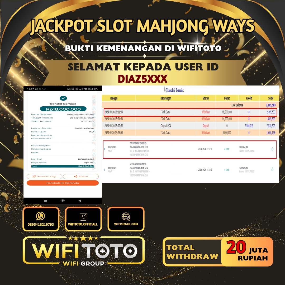 WIFITOTO  JACKPOT SLOT MAHJONG WAYS  RP 20.000.000,. -LUNAS ID DIAZ5***