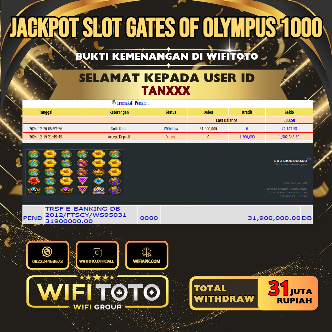 WIFITOTO JACKPOT SLOT GATES OF OLYMPUS 1000 RP.31.000.000,- LUNAS USER ID : TAN****