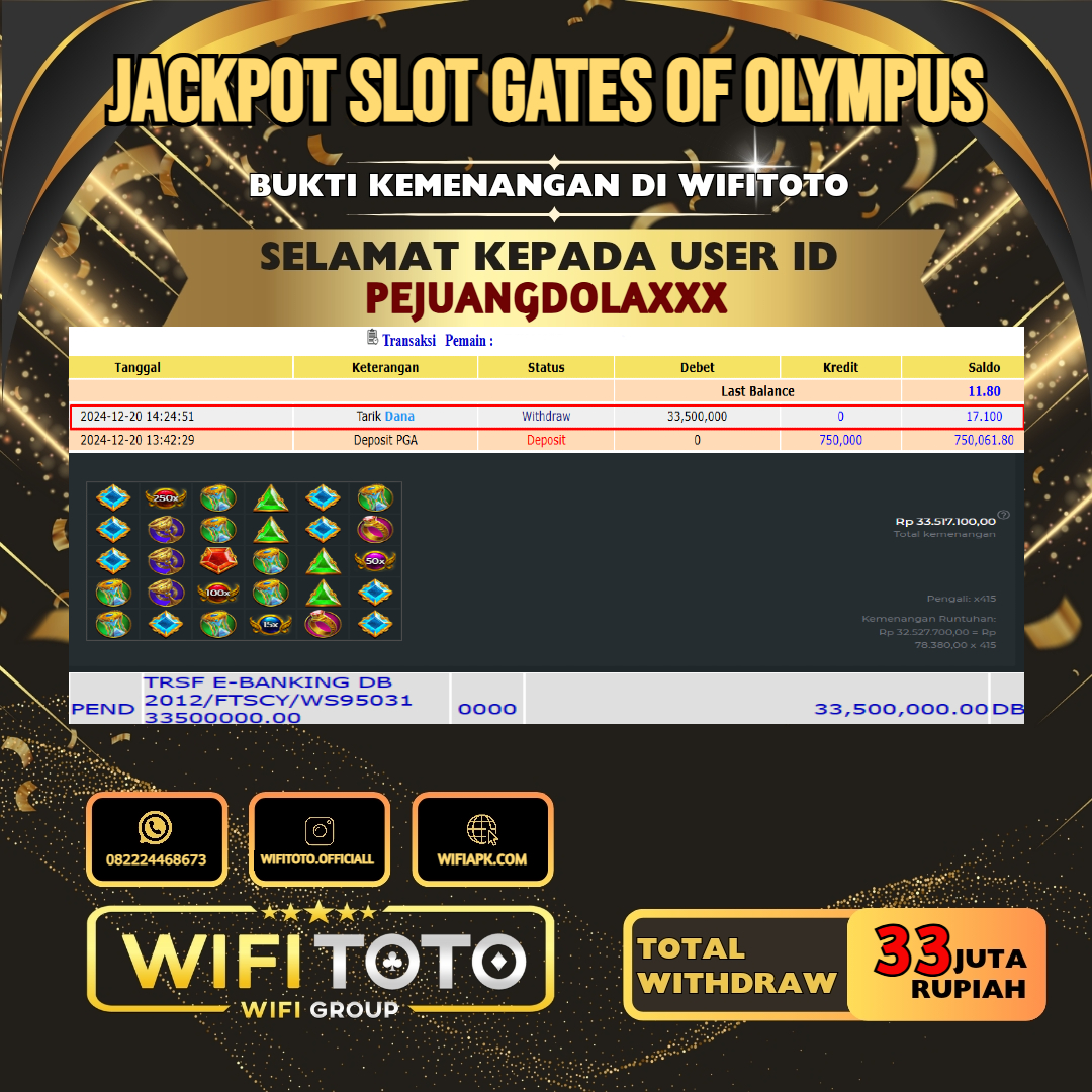 WIFITOTO JACKPOT SLOT GATES OF OLYMPUS RP.33.000.000,- LUNAS USER ID : PEJUANGDOLA****